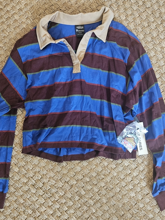 No Boundaries Tops - Stranger Things Womens Blue & Brown Striped Rugby Shirt